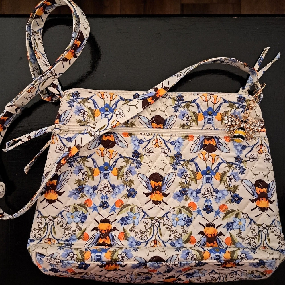Vera Bradley Floral Bee Print Crossbody Bag in Cream, Blue, Orange